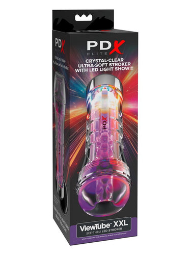PDX Elite Crystal Clear Ultra-Soft Stroker packaging with LED light show on a white background