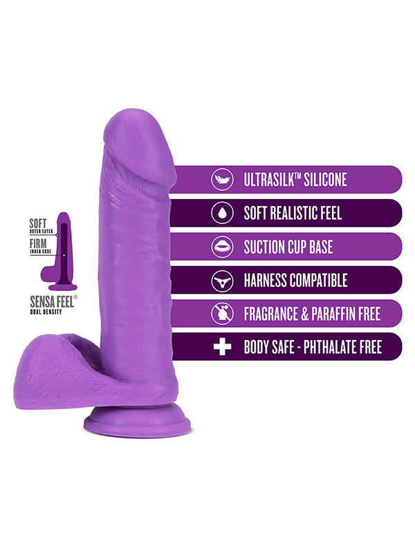 Blush Neo Elite 8 Inch Silicone Dual Density Dildo with Balls Neon Purple 20.3 cm