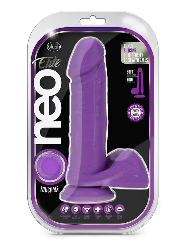 Blush Neo Elite 8 Inch Silicone Dual Density Dildo with Balls Neon Purple 20.3 cm