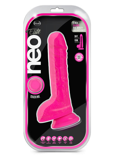 Blush Neo Elite 9 Inch Silicone Dual Density Dildo with Balls Neon Pink 22.8 cm