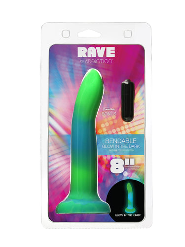 Addiction Rave Glow In The Dark Silicone Dildo 20.32 cm Blue Green